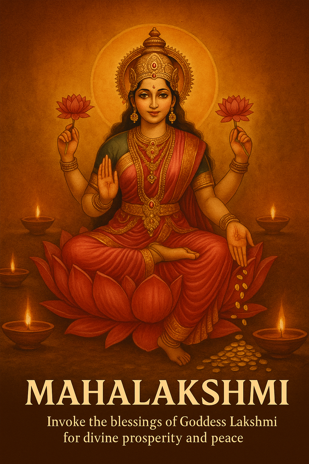 Maa Mahalakshmi with diyas and gold coins